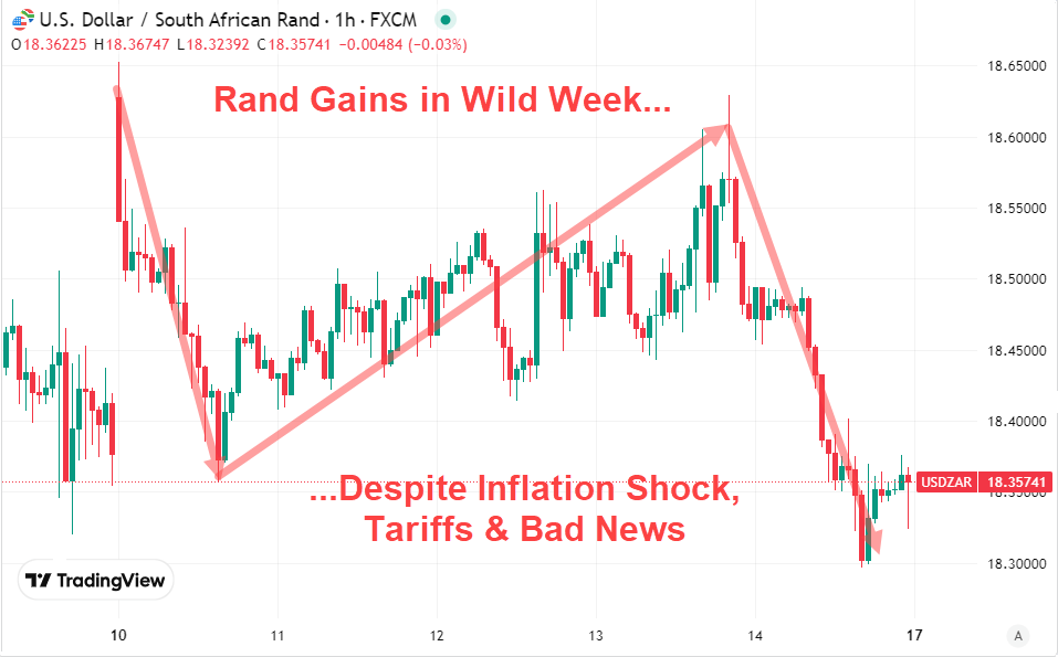 Graph: Rand Gains in Wild Week, Despite Inflation Shock, Tariffs & Bad News, 10-17 February 2025