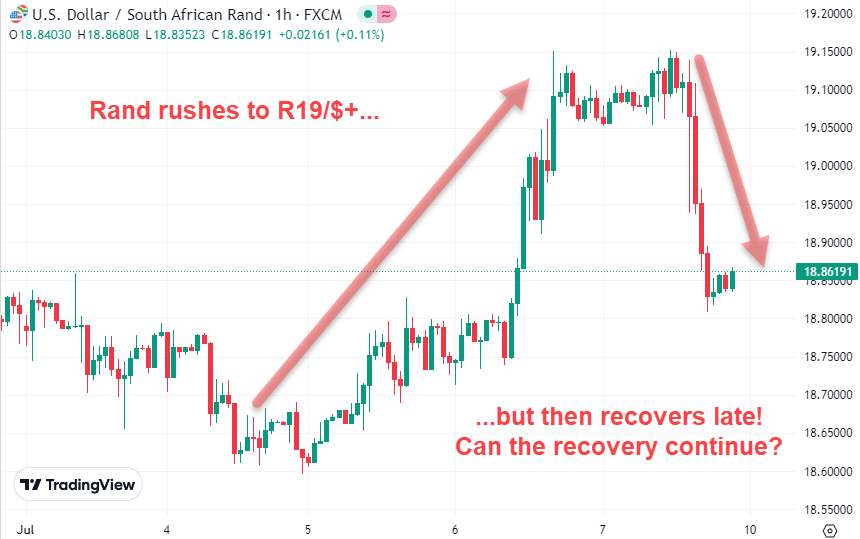 Rand rushes over R19 but recovers vs Dollar in July 2023