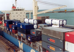 Tank containers stowed on deck at sea