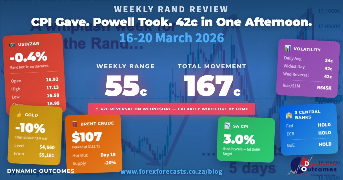 USDZAR Weekly Infographic — 16-20 March 2026: 55-cent range, 167 cents of cumulative movement, CPI at 3.0%, FOMC holds hawkish, Oil hits $113