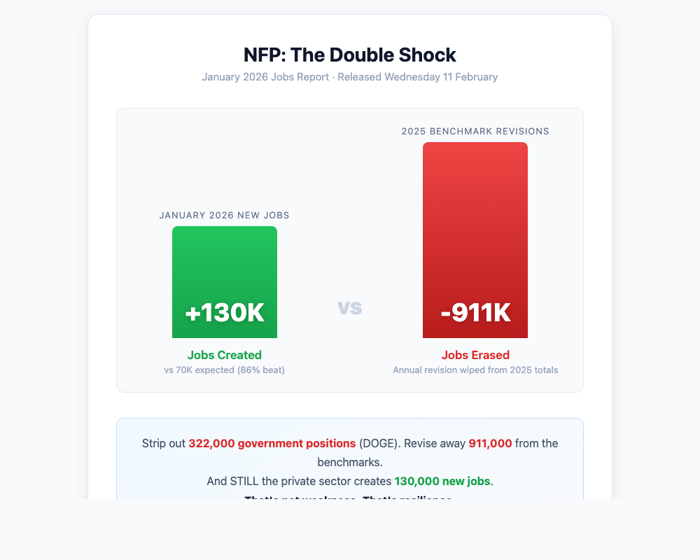 NFP double shock — 130K beat vs 911K benchmark revision