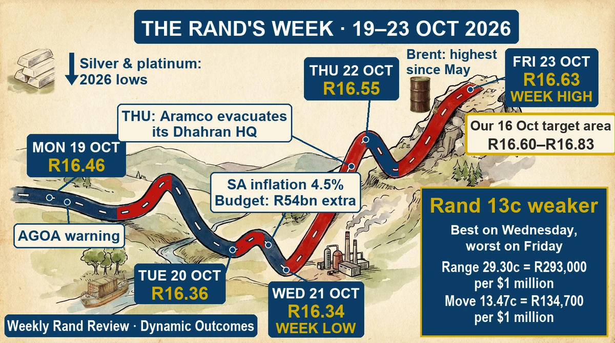 Illustrated map of the Rand's week against the US dollar, 19 to 23 October 2026: a firmer Rand into Wednesday's budget, its best level of R16.34 that evening, then a climb to R16.63 on Friday as the Gulf war reached Saudi Arabia. The Rand closed the week at R16.59/$, 13 cents weaker.